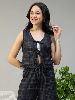 Oxolloxo - Women Purple Check Print V-Neck Tie-Up Detail Sleeveless Top