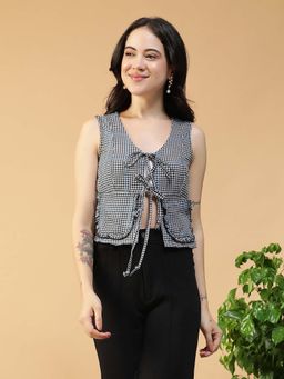 Oxolloxo - Women Black Print V- Neck Tie-Up Detail Sleeveless Front Pockets Top
