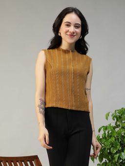 Oxolloxo - Women Mustard Round Neck Sleeveless Poly Stripe with Side Zip Closure Dobby Top