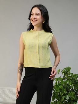 Oxolloxo - Women Green Round Neck Sleeveless Poly Stripe Dobby Top