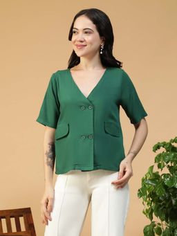 Oxolloxo - Women Solid Green V-Neck Button Down Short Sleeve Slub Fabric Top