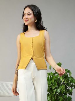 Oxolloxo - Women Solid Yellow Round Neck Tie-Up Detail Button Down Sleeveless viscose slub Top