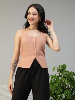 Oxolloxo - Women Solid Beige Round Neck Tie-Up Detail Button Down Sleeveless viscose Top
