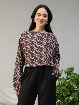 Oxolloxo - Women Brown Abstract Print Round Neck Long Sleeve Poly Dobby Top