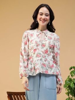 Oxolloxo - Multicolor Floral Print Key Hole Neck With Tie-Up Detail Long Sleeve Peplum Top