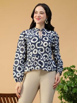 Oxolloxo - Blue Geometric Print Key Hole Neck With Tie-Up Detail Long Sleeve Peplum Top