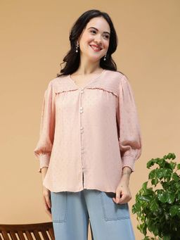 Oxolloxo - Women Peach V-Neck Button Down Ruffle and Smocked Detail Long Sleeve Top