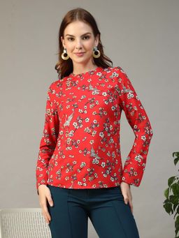 Oxolloxo - Women Red Floral Print Round Neck Long Sleeve Top
