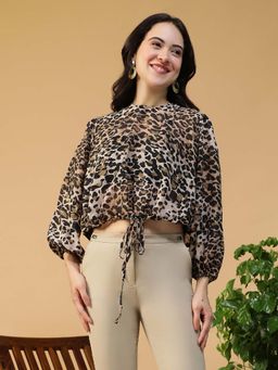 Oxolloxo - Women Multicolor Animal Print Round Neck Long Sleeve Elasticated Tie-Up Detail Top
