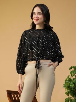 Oxolloxo - Women Black Round Neck Long Sleeve Elasticated Tie-Up Detail Lurex Partywear Top