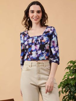 Oxolloxo - Women Multicolor Tie-Dye Print Square Neck 3/4 Sleeve Top