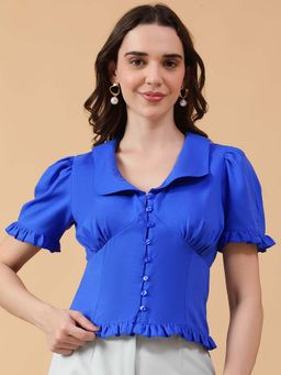 Oxolloxo - Women Slub Solid Blue Collared Ruffle Detail Button Down Short Sleeve Top