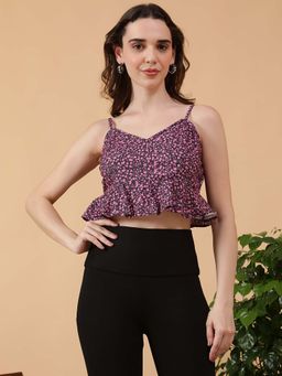 Oxolloxo - Women Purple Floral Print V-Neck Shoulder Strap Peplum Cotton Poplin Crop Top