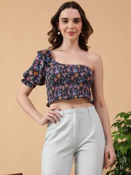 Oxolloxo - Women Multicolor Floral Print One-Off Shoulder Short Poet Sleeve Dobby Crop Top
