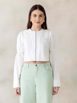 Oxolloxo - Women Solid White Round-Neck Cotton Poplin Long Sleeves, Gathered Detail Crop Top