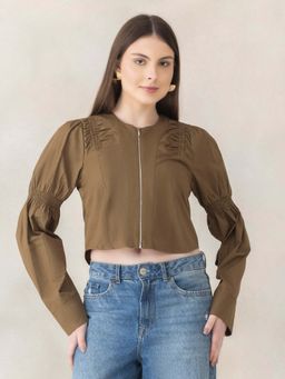 Oxolloxo - Women Olive Round-Neck Cotton Poplin Long Sleeves, Zip Closure Crop Top