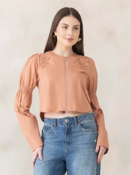 Oxolloxo - Women Beige Round-Neck Cotton Poplin Long Sleeves, Zip Closure Crop Top