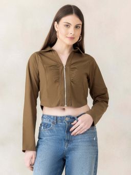 Oxolloxo - Women Beige Collared Cotton PoplinLong Sleeves, Zip Closure Crop Top