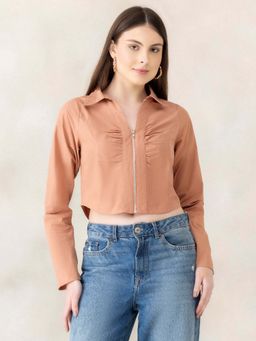Oxolloxo - Women Olive Collared Cotton Poplin Long Sleeves, Zip Closure Crop Top