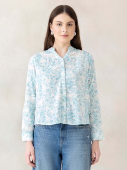 Oxolloxo - Women Blue V- Neck Long Sleeve Floral Print Button Down Cotton Dobby Top