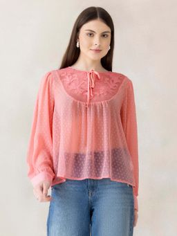 Oxolloxo - Women Peach Round Neck With embroidery and Tie-Up Detail Long Sleeve Swiss Dot Top