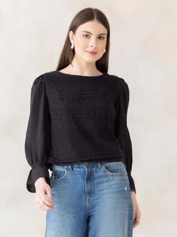Oxolloxo - Women Black Round Neck Long Poet Sleeve Lace Fabric Detailed Cotton Top