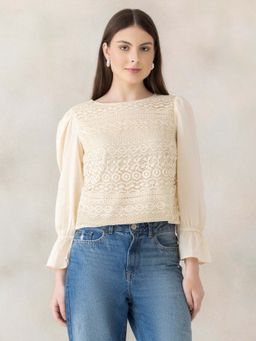 Oxolloxo - Women Beige Round Neck Long Poet Sleeve Lace Fabric Detailed Cotton Top