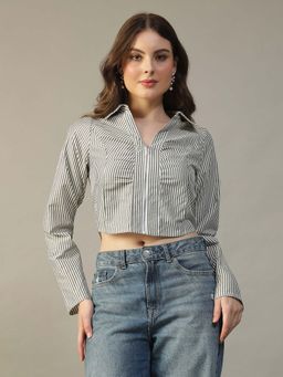 Oxolloxo - Women Black Striped Collared Long-Sleeve Cotton Zip Closure Crop Top