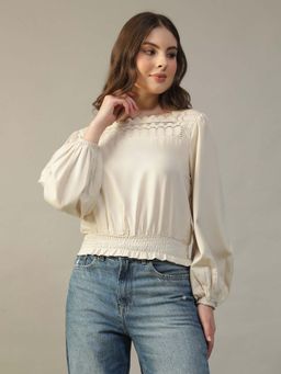 Oxolloxo - Women White Square-Neck Long-Sleeve with Lace and Smocked Detail Peplum Top