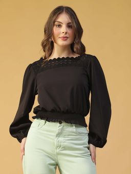 Oxolloxo - Women Black Square-Neck Long-Sleeve with Lace and Smocked Detail Peplum Top