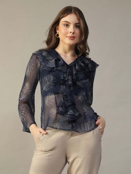 Oxolloxo - Women Navy Blue Floral Chiffon V-Neck Long-Sleeve with Ruffle and Tie-Knot Top