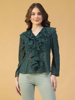 Oxolloxo - Women Green Foil Print V-Neck Long-Sleeve with Ruffle and Tie-Knot Top