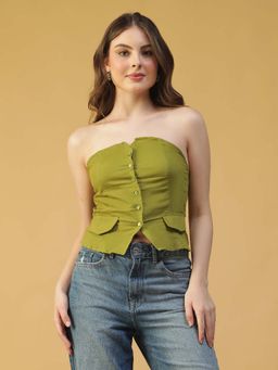 Oxolloxo - Women Solid Green Button-Down Off-Shoulder Cotton Top