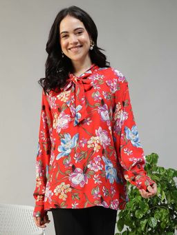 Oxolloxo - Women Red Floral Print Long Sleeve Tie Up Neck With Tie-Up Detail Top