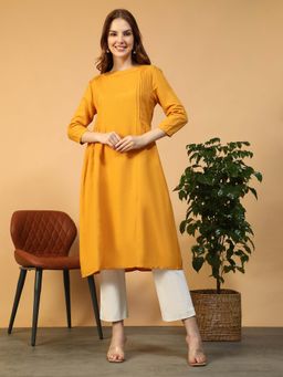 Oxolloxo - Women Solid Yellow Round Neck 3/4 Sleeve Pleated Detail Cotton Linen Top