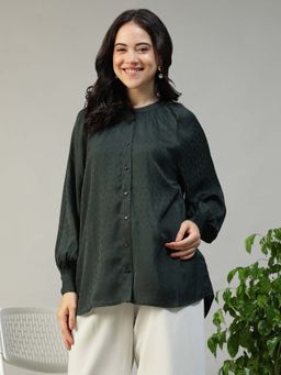 Oxolloxo - Women Green Round Neck Long Sleeve Button Down Top
