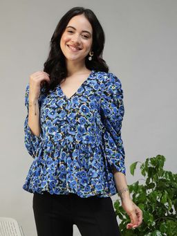 Oxolloxo - Women Blue Floral Print V-Neck Long Puff Sleeve Top