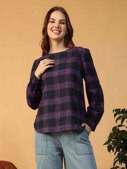 Oxolloxo - Women Purple Brush Check Print Round Neck Long Sleeve Cotton Top