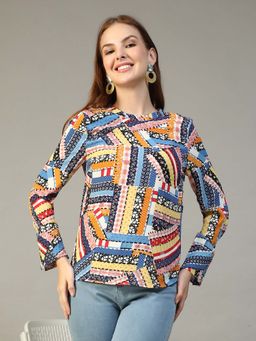 Oxolloxo - Women Multicolor Abstract Print Round Neck Long Sleeve Top