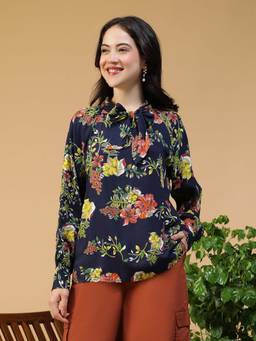 Oxolloxo - Women Navy Blue Floral Print Tie Up Neck With Tie-Up Detail Long Sleeve Top