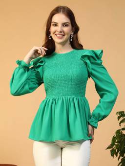 Oxolloxo - Women Green Round Neck Smocked and Ruffle Detail Long Poet Sleeve Peplum Top