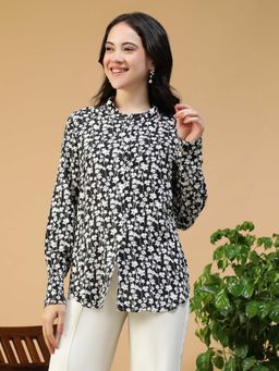 Oxolloxo - Women Black Floral Print Collared Long Sleeve Button Down Top