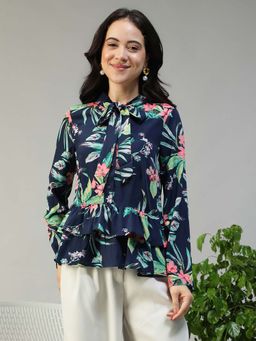 Oxolloxo - Navy Blue Floral Print Round Neck With Tie-Up and Button Down Long Sleeve Top