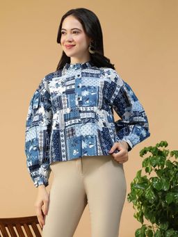 Oxolloxo - Women Blue Abstract Print Round Neck Button Down Long Sleeve Cotton Top