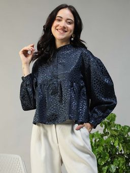 Oxolloxo - Women Navy Blue Round Neck Button Down Long Sleeve Dobby Top