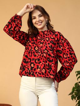 Oxolloxo - Women Red Animal Print Round Neck Button Down Long Sleeve Cotton Top