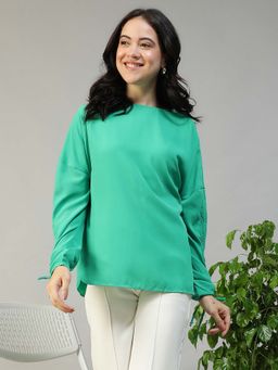 Oxolloxo - Women Solid Green Round Neck Long Sleeve With Tie-Up Detail Top