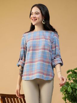 Oxolloxo - Women Blue Brush Check Print Round Neck Long Sleeve Cotton Top