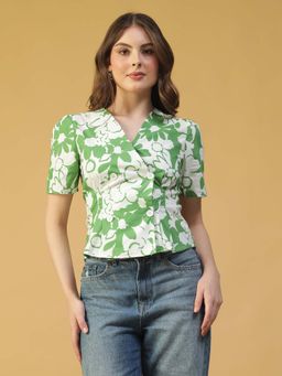 Oxolloxo - Women Green Floral Cotton Button Front and Short Sleeves Top