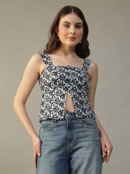 Oxolloxo - Women's Navy Blue Floral Shoulder Straps, Buttons and Cut-Down Detail Top